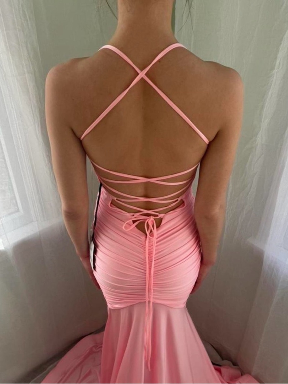 Strappy Pink Ruched Mermaid Gown